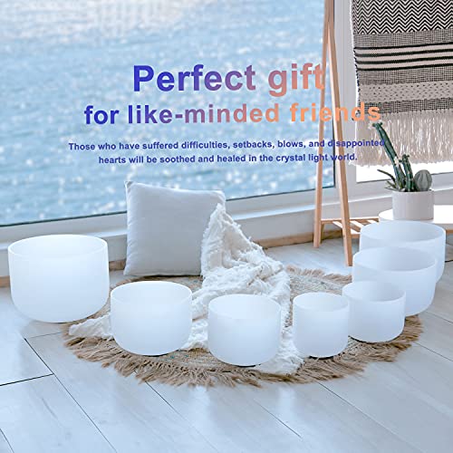 CVNC 432HZ 6-12 Inch Set Of 7 PCS Frosted Chakra Quartz Crystal Singing Bowls for Sound Healing with 2 PCS Travel Carry Case Bag
