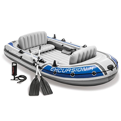 INTEX 68324EP Excursion 4 Inflatable Boat Set: Includes Deluxe 54in Boat Oars and High-Output Pump – Adjustable Seats with Backrest – Fishing Rod Holders – 4-Person – 1100lb Weight Capacity