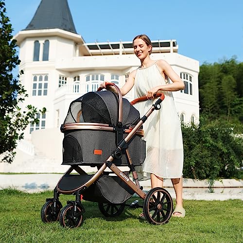 SWITTE Dog Stroller 3 in 1 Folding Pet Stroller, Lightweight Pet Stroller for Small Medium Dogs Cats, 4 Wheels Puppy Stroller with Removable Travel Carrier, Car Seat, Sun Shade, Waterproof Pad, Black