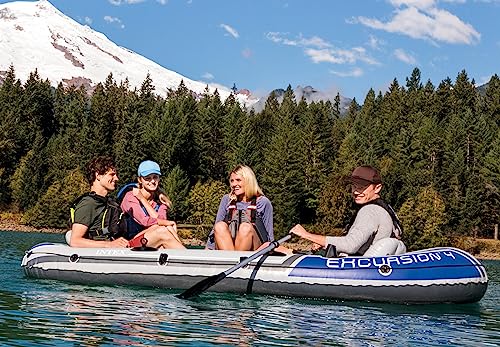 INTEX 68324EP Excursion 4 Inflatable Boat Set: Includes Deluxe 54in Boat Oars and High-Output Pump – Adjustable Seats with Backrest – Fishing Rod Holders – 4-Person – 1100lb Weight Capacity