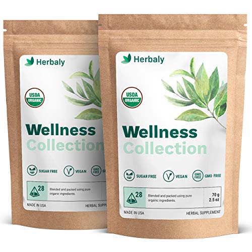 Herbaly Wellness Collection Tea - 8 Active Herbs - Improve General Health, Strengthen Immunity - Natural, Organic, Non-GMO, Vegan, Sugar Free - 2 Pack, 56 Pyramid Tea Bags