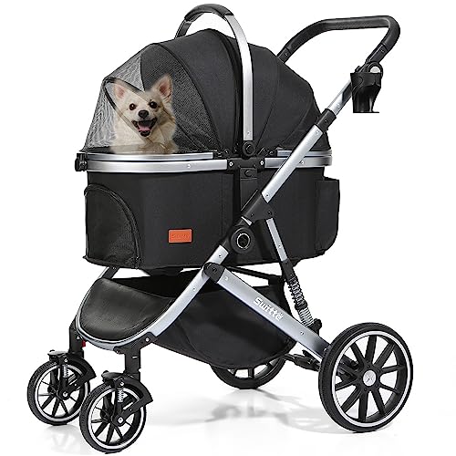 SWITTE Dog Stroller 3 in 1 Folding Pet Stroller, Lightweight Pet Stroller for Small Medium Dogs Cats, 4 Wheels Puppy Stroller with Removable Travel Carrier, Car Seat, Sun Shade, Waterproof Pad, Black
