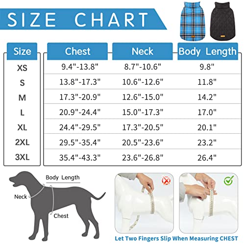 Kuoser Warm Dog Coat, Reversible Dog Jacket Waterproof Dog Winter Coat British Style Plaid Dog Clothes Pet Dog Cold Weather Coats Cozy Snow Jacket Vest for Small Medium Large Dogs Blue M