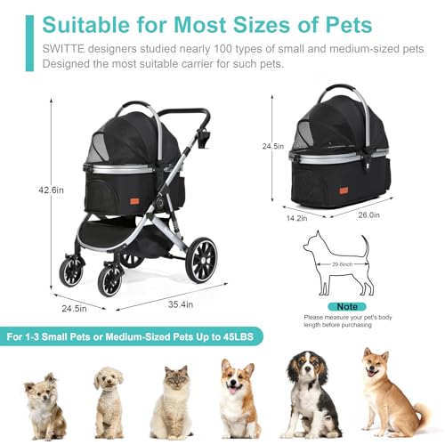 SWITTE Dog Stroller 3 in 1 Folding Pet Stroller, Lightweight Pet Stroller for Small Medium Dogs Cats, 4 Wheels Puppy Stroller with Removable Travel Carrier, Car Seat, Sun Shade, Waterproof Pad, Black