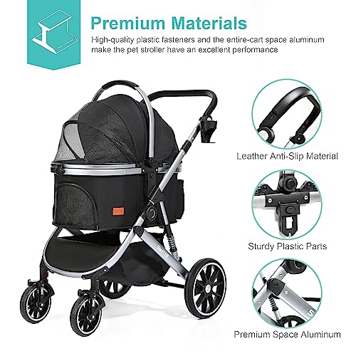 SWITTE Dog Stroller 3 in 1 Folding Pet Stroller, Lightweight Pet Stroller for Small Medium Dogs Cats, 4 Wheels Puppy Stroller with Removable Travel Carrier, Car Seat, Sun Shade, Waterproof Pad, Black