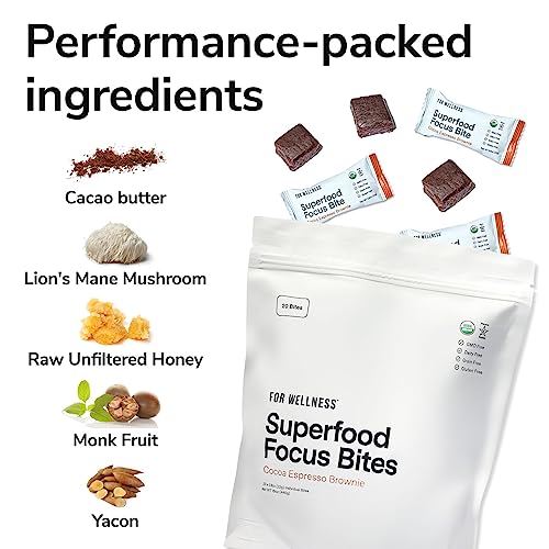 For Wellness Superfood Focus Bites (20 Count), Cocoa Espresso Brownie – Reduces Fatigue, Improves Digestion & Support Brain Function