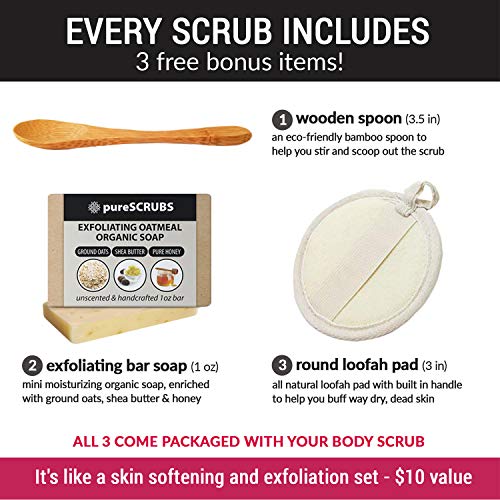 pureSCRUBS Premium Eucalyptus Body Scrub Set - Large 16oz Dead Sea Salt Body Scrub With Infused Essential Oils & Nutrients, Includes Wooden Spoon, Loofah & Oatmeal Exfoliating Bar Soap