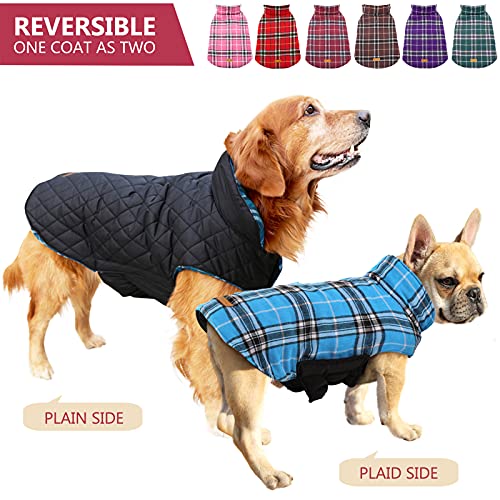 Kuoser Warm Dog Coat, Reversible Dog Jacket Waterproof Dog Winter Coat British Style Plaid Dog Clothes Pet Dog Cold Weather Coats Cozy Snow Jacket Vest for Small Medium Large Dogs Blue M
