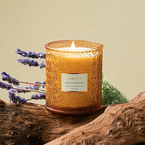 LA JOLIE MUSE Sandalwood Candle, Wood Wicked Large Candle for Home Scented, Scented Candle Gifts for Men&Women, Long Burning Glass Jar Candle, Santal Himalayen, 19oz