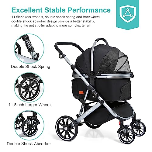 SWITTE Dog Stroller 3 in 1 Folding Pet Stroller, Lightweight Pet Stroller for Small Medium Dogs Cats, 4 Wheels Puppy Stroller with Removable Travel Carrier, Car Seat, Sun Shade, Waterproof Pad, Black
