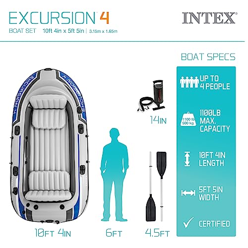 INTEX 68324EP Excursion 4 Inflatable Boat Set: Includes Deluxe 54in Boat Oars and High-Output Pump – Adjustable Seats with Backrest – Fishing Rod Holders – 4-Person – 1100lb Weight Capacity