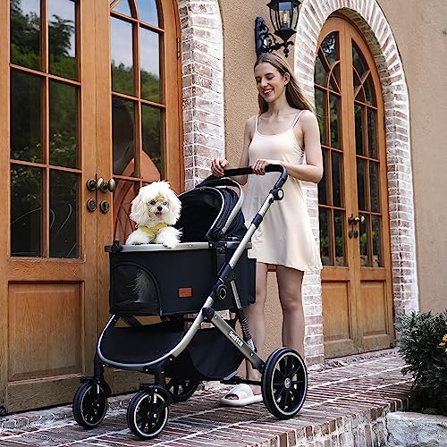 SWITTE Dog Stroller 3 in 1 Folding Pet Stroller, Lightweight Pet Stroller for Small Medium Dogs Cats, 4 Wheels Puppy Stroller with Removable Travel Carrier, Car Seat, Sun Shade, Waterproof Pad, Black