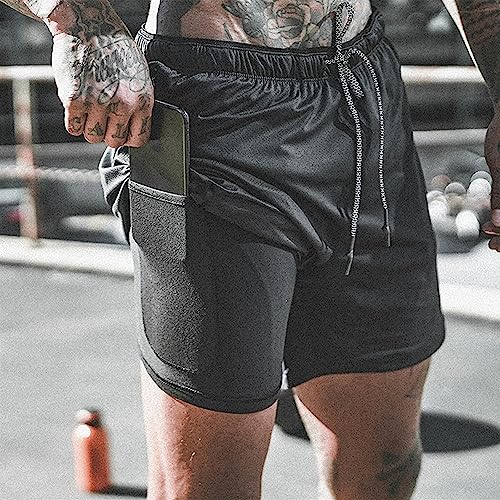 Leidowei Men's 2 in 1 Workout Running Shorts Lightweight Training Yoga Gym 7" Short with Zipper Pockets Black XL