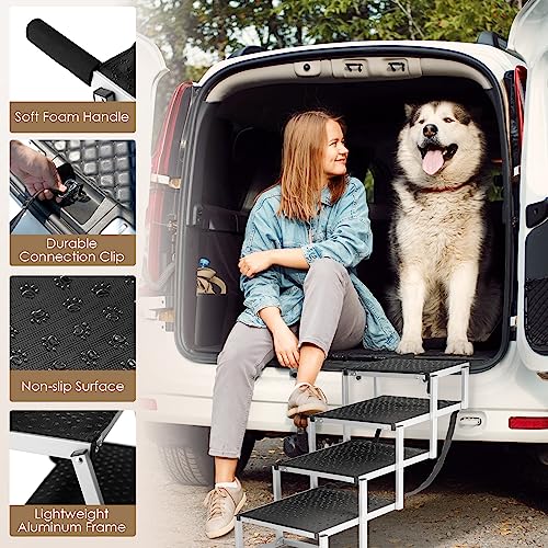 EHEYCIGA Foldable Dog Car Ramp for Large Dogs, Portable Dog Steps for SUV, Aluminum Dog Stairs with Non-Slip Surface for High Beds, Trucks and SUVs, 4 Steps