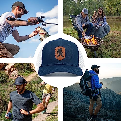 Pnkvnlo Mesh Bigfoot Hat Leather Cap for Men- Great Snapback Closure Sasquatch Hat for Hunting & Hiking-Leather-Navy Blue
