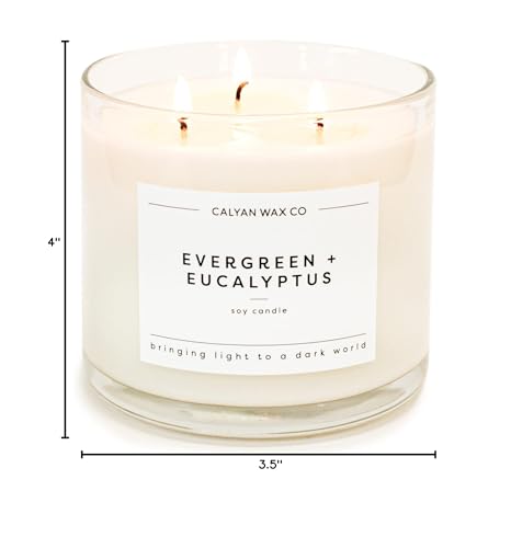 Calyan Wax Soy Wax Candle, Evergreen Eucalyptus, 3 Wick Scented Candle for The Home | Premium Candle with Essential Oils | 14.9 oz Soy Wax, 43 Hour Burn Time, Large Candle in Glass Jar