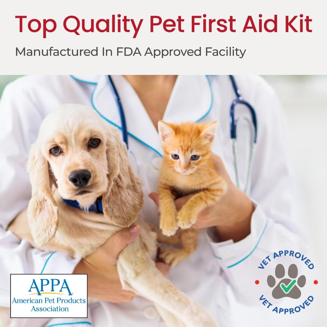 Dog First Aid Kit - Vet Approved Emergency Supplies for Dogs & Cats - Pet First Aid Handbook, Tick Remover, Slip Leash & Medical Essentials for Home, Camping, Car, RV, Travel, Road Trip