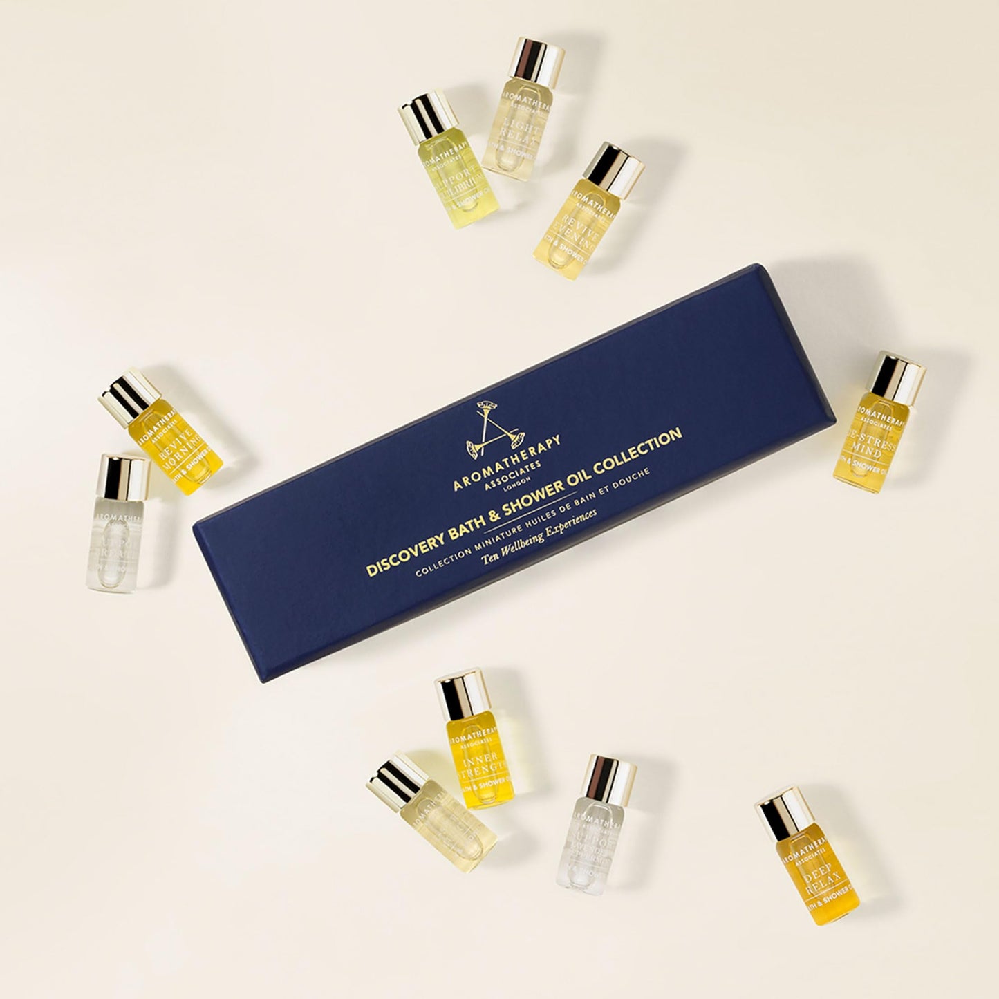 Aromatherapy Associates Ultimate Wellbeing Miniature Bath and Shower Oils, Premium Natural Body Oil Collection in a Decorative Gift Box, 10 Hydrating Body Oils, 0.10 Oz Each