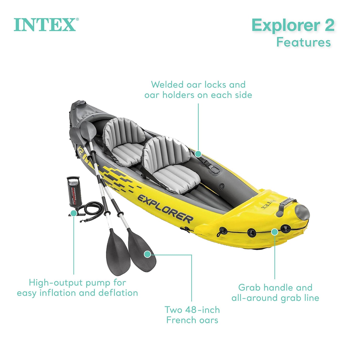 Intex 2-Person Inflatable Kayak Set w/Pump, Aluminum Oars, Adjustable Seats, Explorer K2 - Tandem Blow-up Raft for Adults, Great for Lakes or Rivers