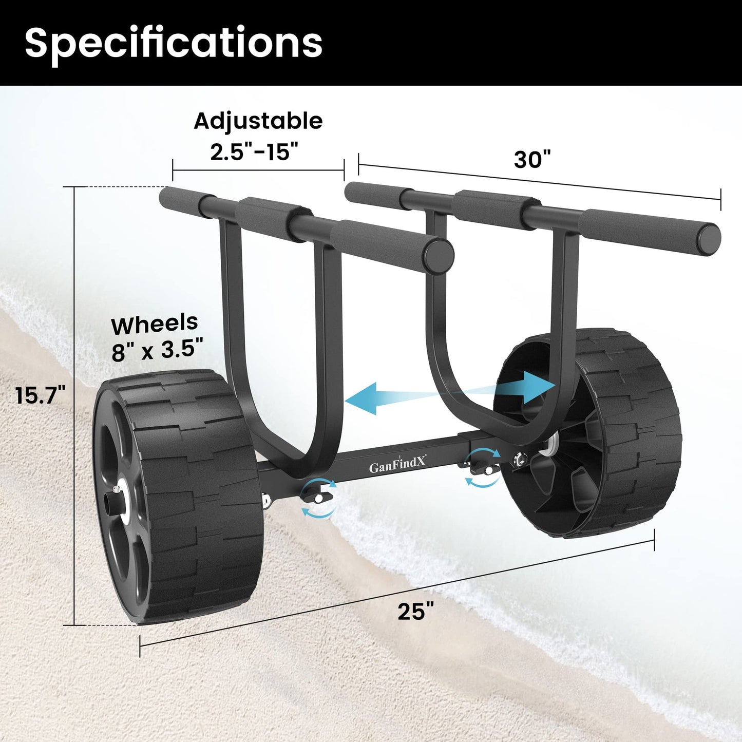 GanFindX Heavy-Duty Universal Kayak Cart Dolly Made of High Strength Metal w/Puncture-Free Wheels High | Load Capacity Kayak Wheels Cart for Kayaking/Canoeing Convenience | Webbing Straps