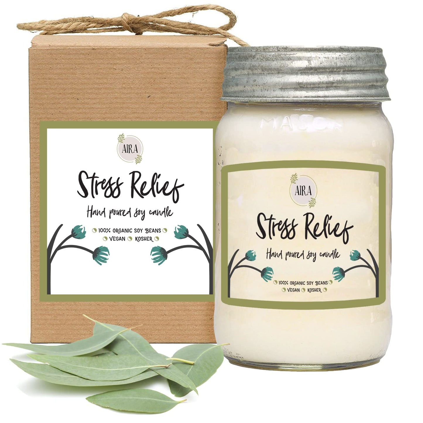 Aira Soy Candles - Organic, Kosher, Vegan, in Mason Jar w/Therapeutic Grade Essential Oil Blends - Hand-Poured 100% Soy Candle Wax - Paraffin Free, Burns 110+ Hours -Relaxing Stress Relief -16 Ounces