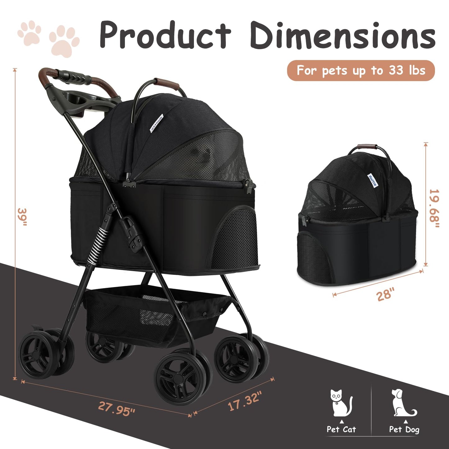 SWITTE Dog Stroller 3 in 1 Folding Pet Stroller, Lightweight Pet Stroller for Small Medium Dogs Cats, 4 Wheels Puppy Stroller with Removable Travel Carrier, Car Seat, Sun Shade, Waterproof Pad, Black