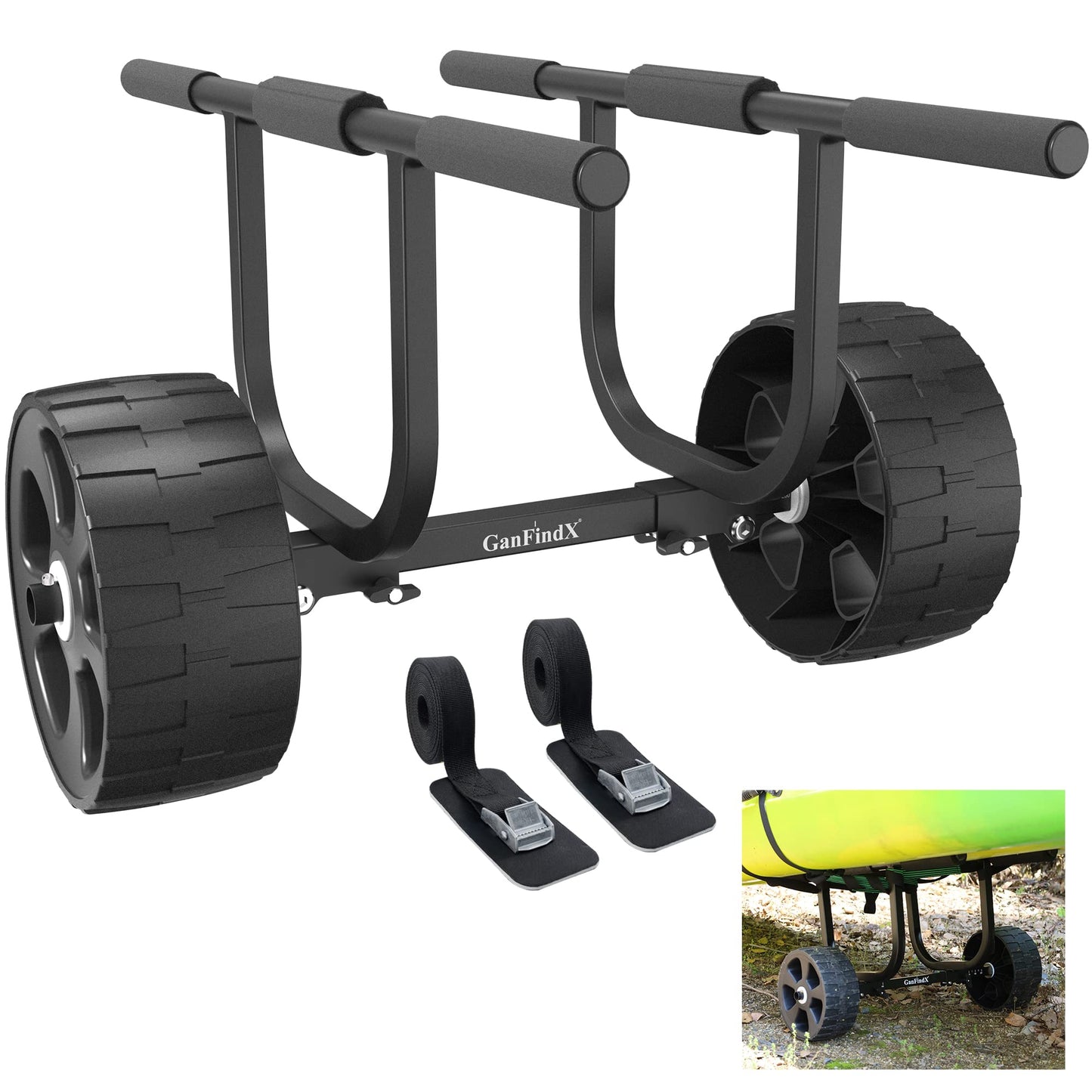 GanFindX Heavy-Duty Universal Kayak Cart Dolly Made of High Strength Metal w/Puncture-Free Wheels High | Load Capacity Kayak Wheels Cart for Kayaking/Canoeing Convenience | Webbing Straps