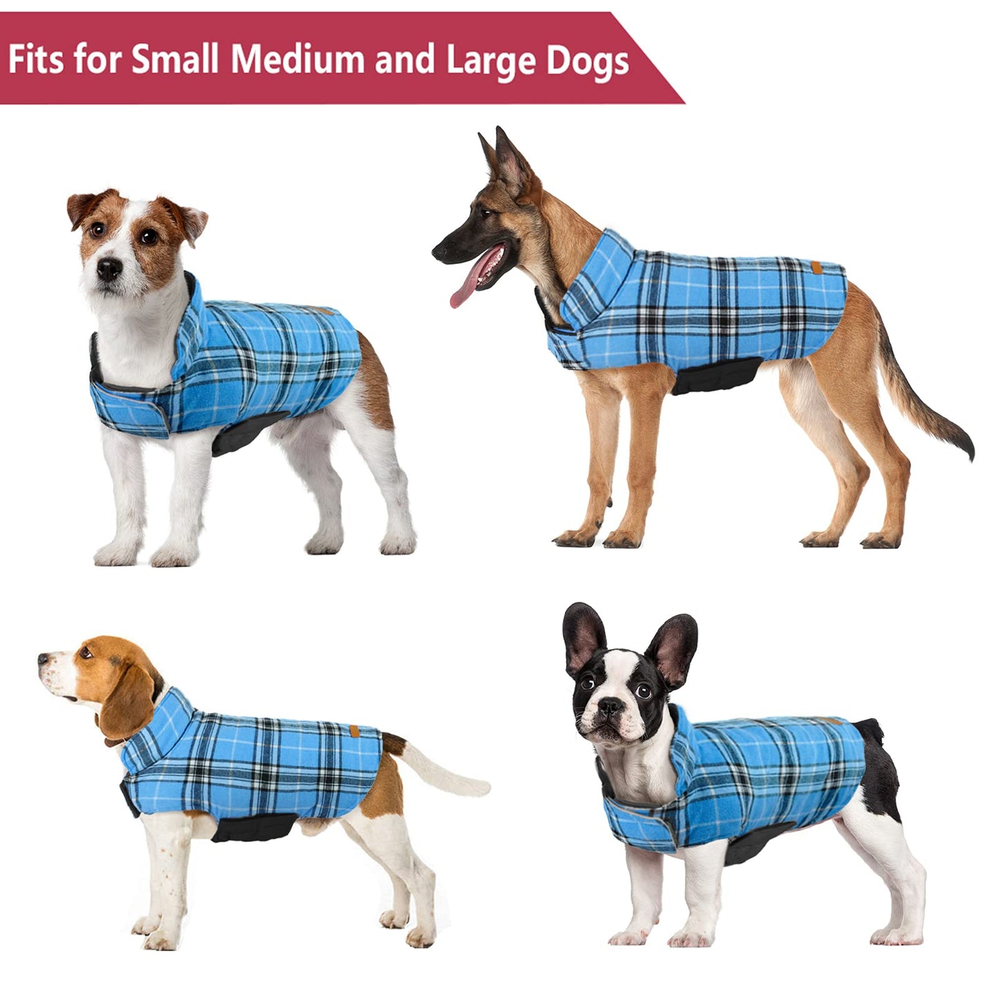 Kuoser Warm Dog Coat, Reversible Dog Jacket Waterproof Dog Winter Coat British Style Plaid Dog Clothes Pet Dog Cold Weather Coats Cozy Snow Jacket Vest for Small Medium Large Dogs Blue M