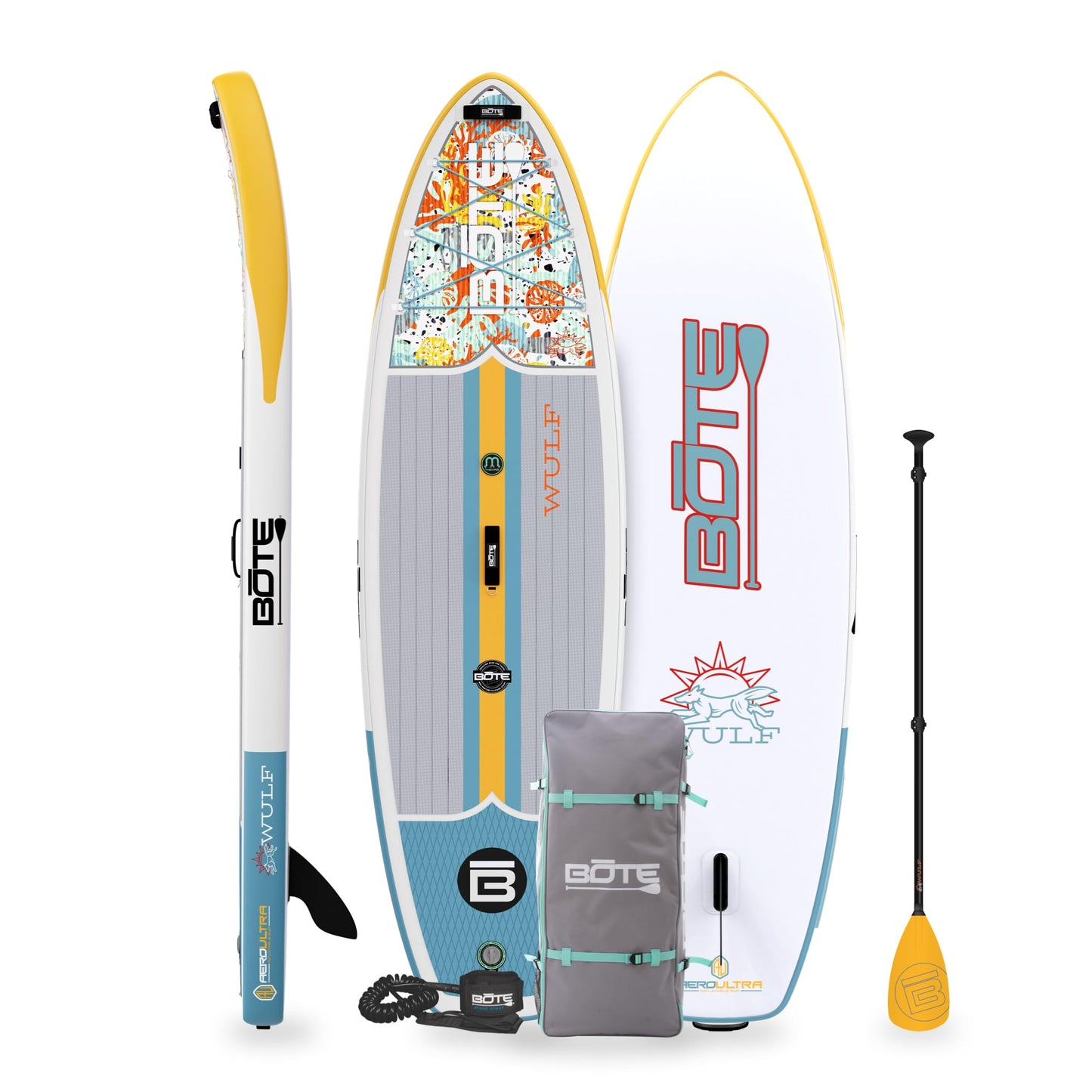 BOTE Wulf Aero Inflatable Stand Up Paddle Board Kit Includes Accessories Adjustable Paddle iSUP Travel Bag Blow Up Pump Safety SUP Coiled Leash Multiple Sizes