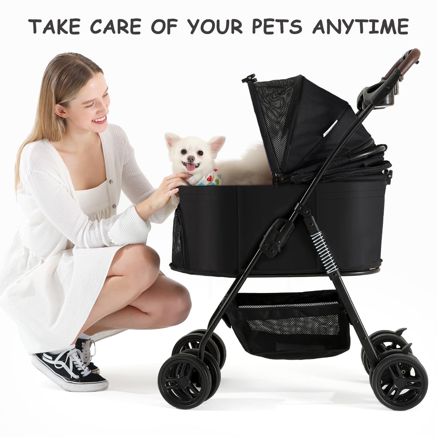 SWITTE Dog Stroller 3 in 1 Folding Pet Stroller, Lightweight Pet Stroller for Small Medium Dogs Cats, 4 Wheels Puppy Stroller with Removable Travel Carrier, Car Seat, Sun Shade, Waterproof Pad, Black