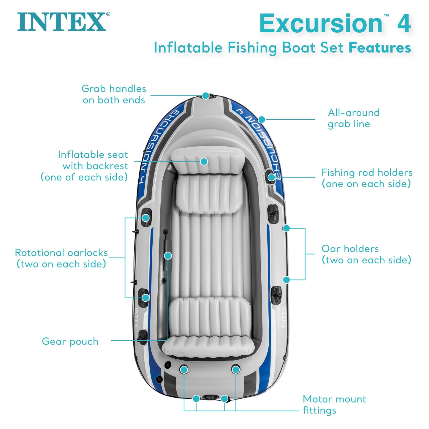 INTEX 68324EP Excursion 4 Inflatable Boat Set: Includes Deluxe 54in Boat Oars and High-Output Pump – Adjustable Seats with Backrest – Fishing Rod Holders – 4-Person – 1100lb Weight Capacity