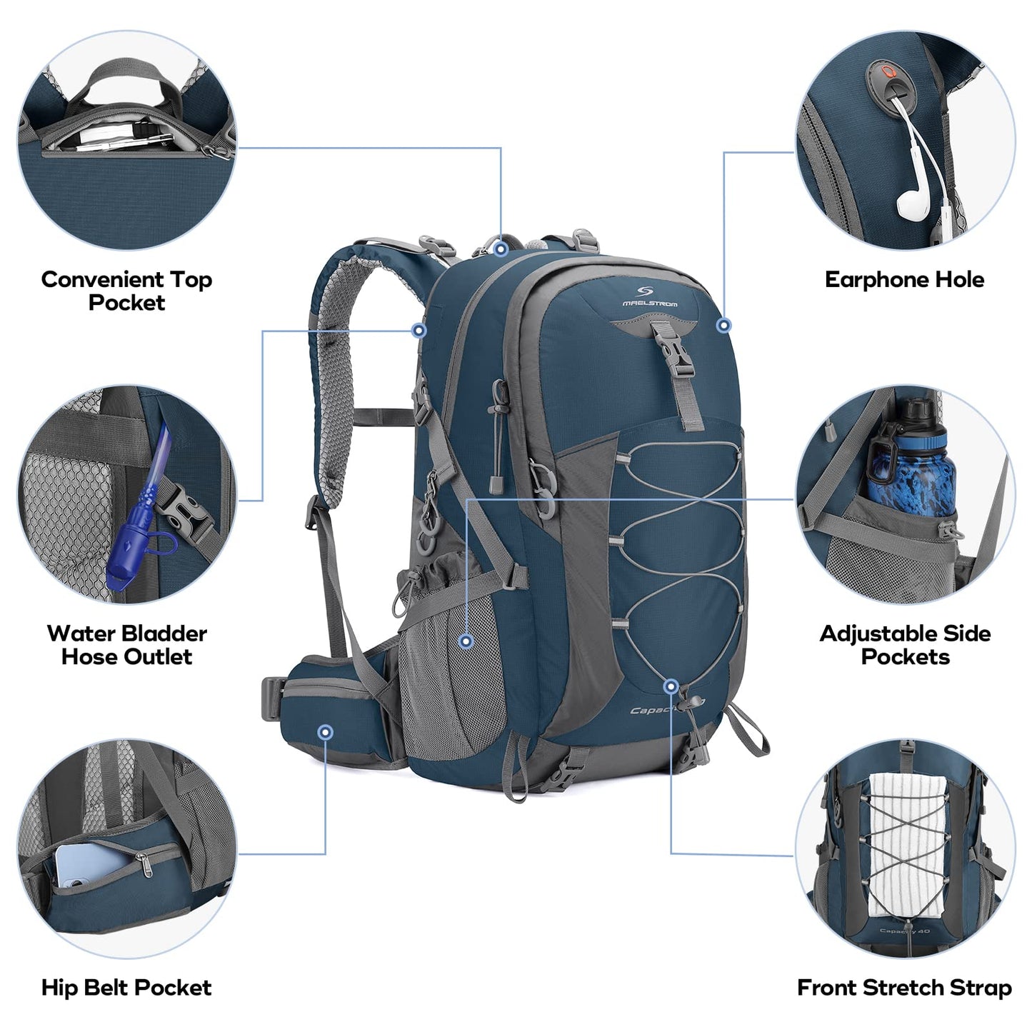 Maelstrom Hiking Backpack,Camping Backpack,40L Waterproof Hiking Daypack with Rain Cover,Lightweight Travel Backpack,Blue