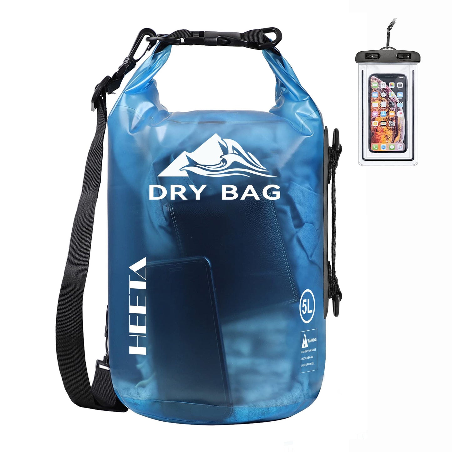 HEETA Dry Bag Waterproof for Women Men, Roll Top Lightweight Dry Storage Bag Backpack with Phone Case for Travel, Swimming, Boating, Kayaking, Camping and Beach (Transparent Blue, 10L)