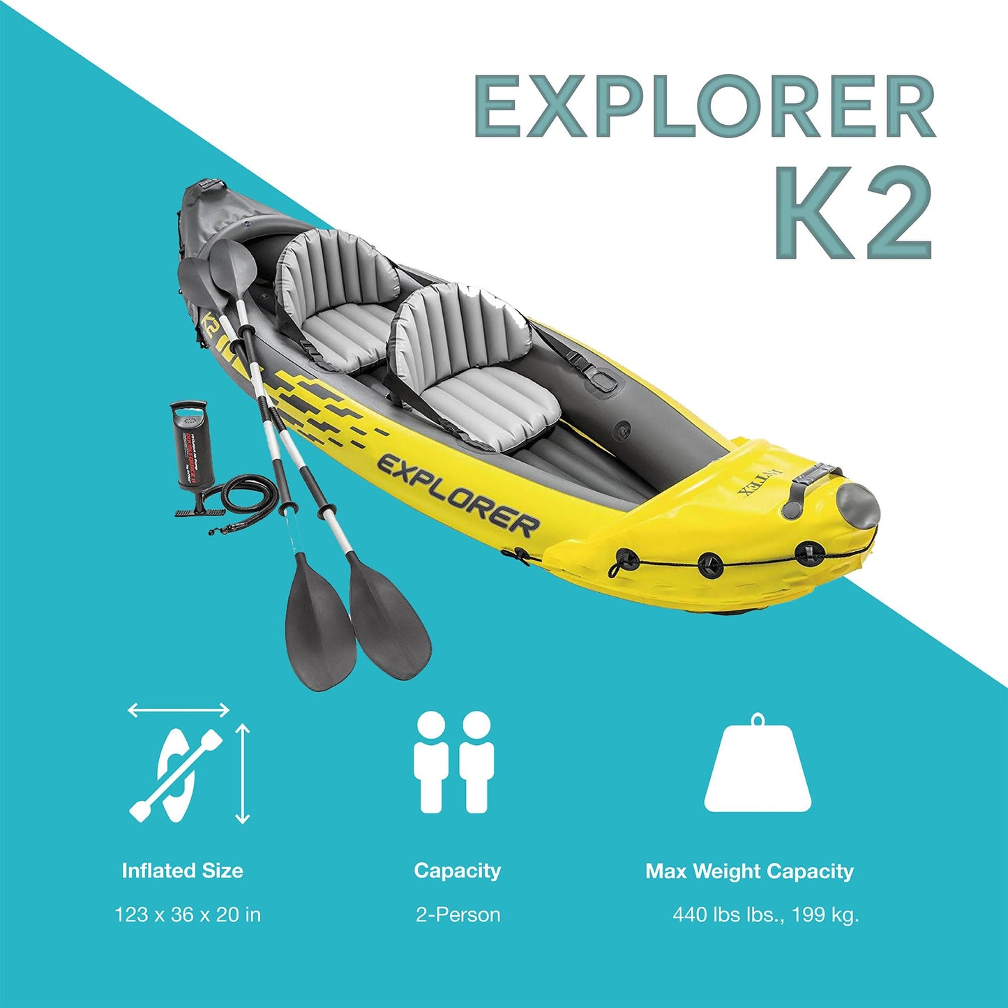 Intex 2-Person Inflatable Kayak Set w/Pump, Aluminum Oars, Adjustable Seats, Explorer K2 - Tandem Blow-up Raft for Adults, Great for Lakes or Rivers