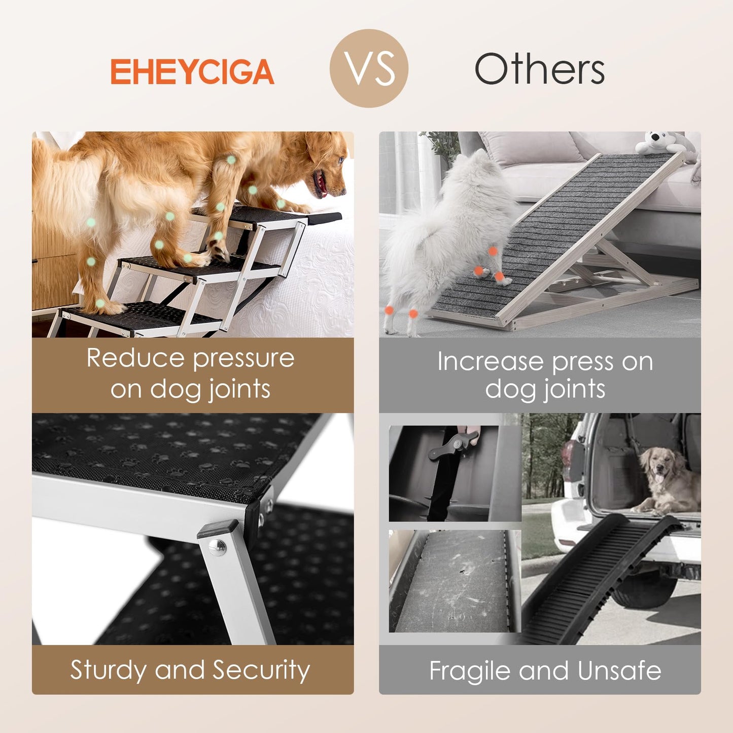 EHEYCIGA Foldable Dog Car Ramp for Large Dogs, Portable Dog Steps for SUV, Aluminum Dog Stairs with Non-Slip Surface for High Beds, Trucks and SUVs, 4 Steps