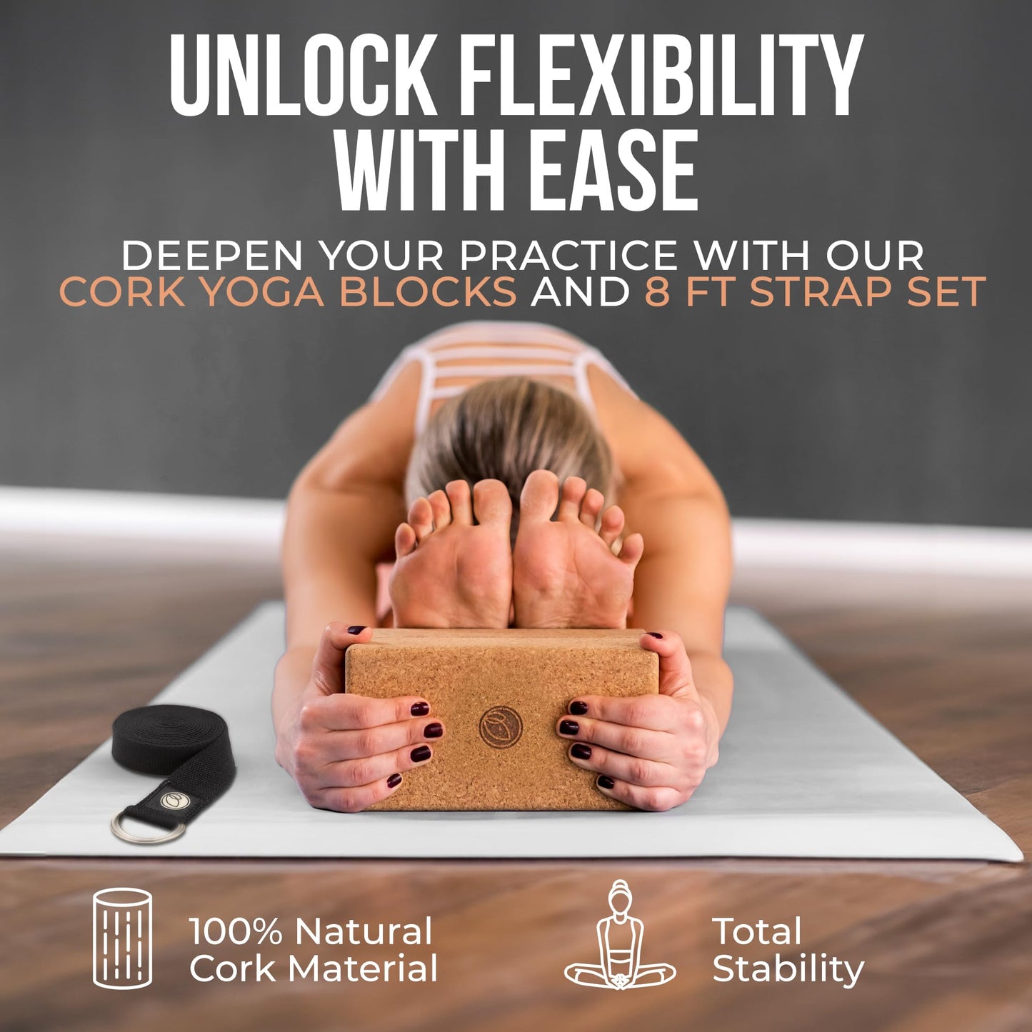 Cork Yoga Blocks - Yoga Blocks 2 Pack with Strap- 9x6x3 Inch Yoga Blocks Set of 2- Yoga Props and Accessories - Cork Blocks For Yoga