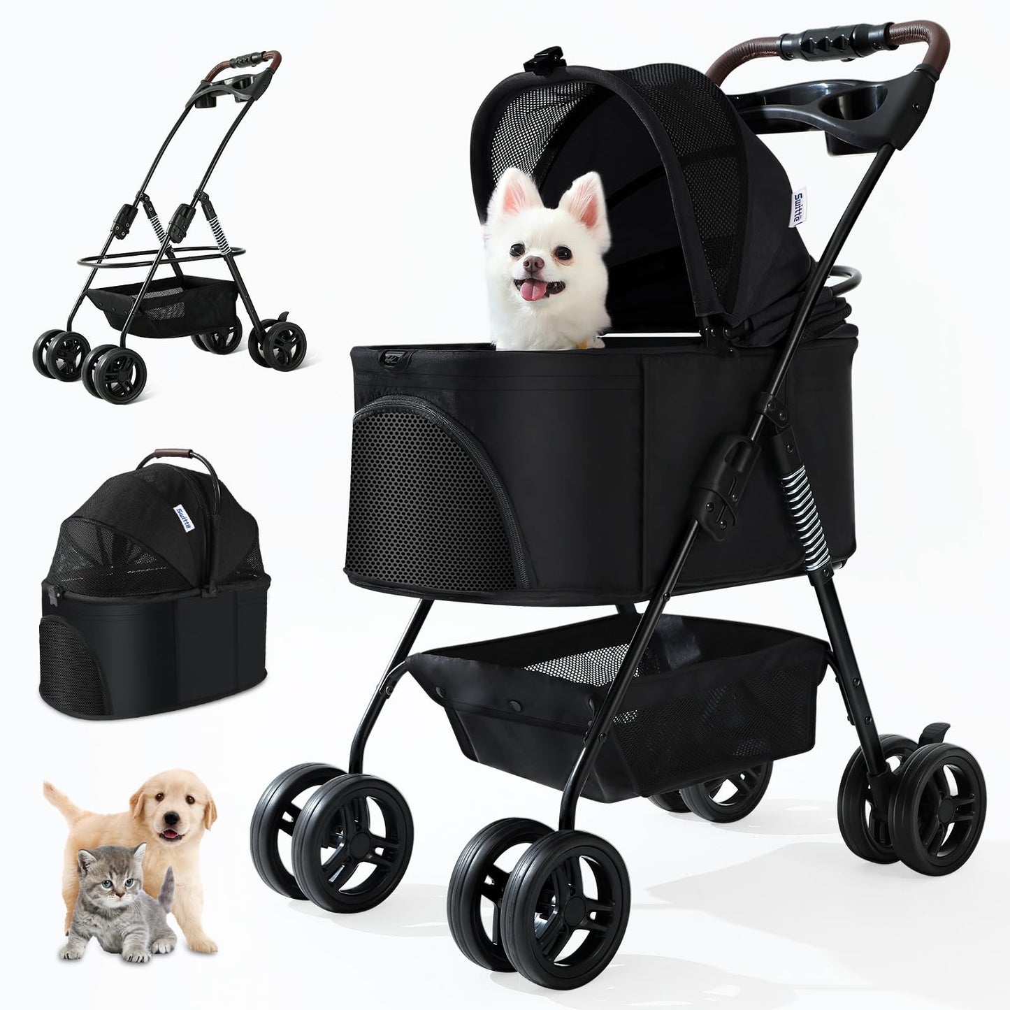 SWITTE Dog Stroller 3 in 1 Folding Pet Stroller, Lightweight Pet Stroller for Small Medium Dogs Cats, 4 Wheels Puppy Stroller with Removable Travel Carrier, Car Seat, Sun Shade, Waterproof Pad, Black