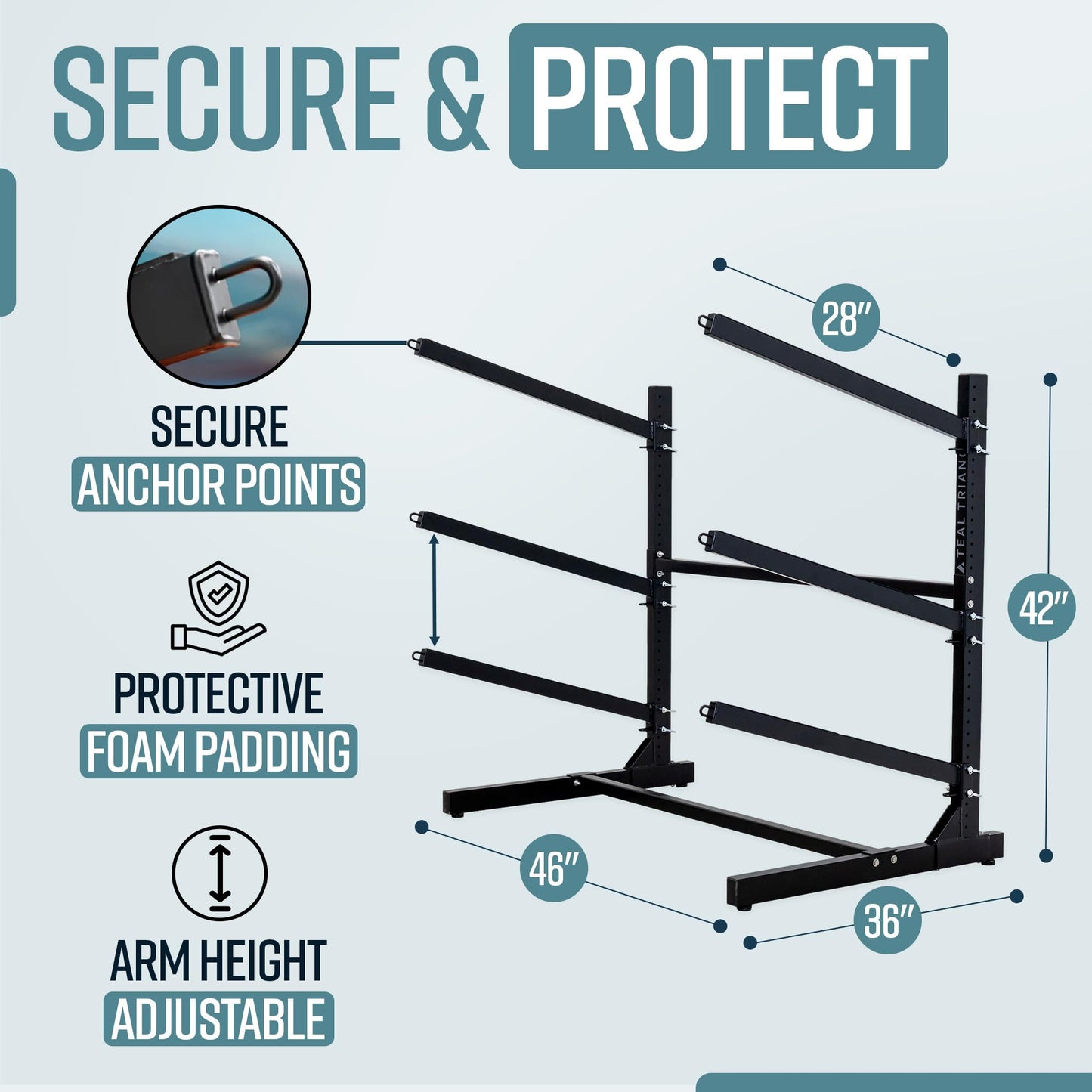 Teal Triangle Freestanding G-Watersport 3 Kayak and SUP Outdoor Storage Rack, Heavy Duty Adjustable Weatherproof Stand