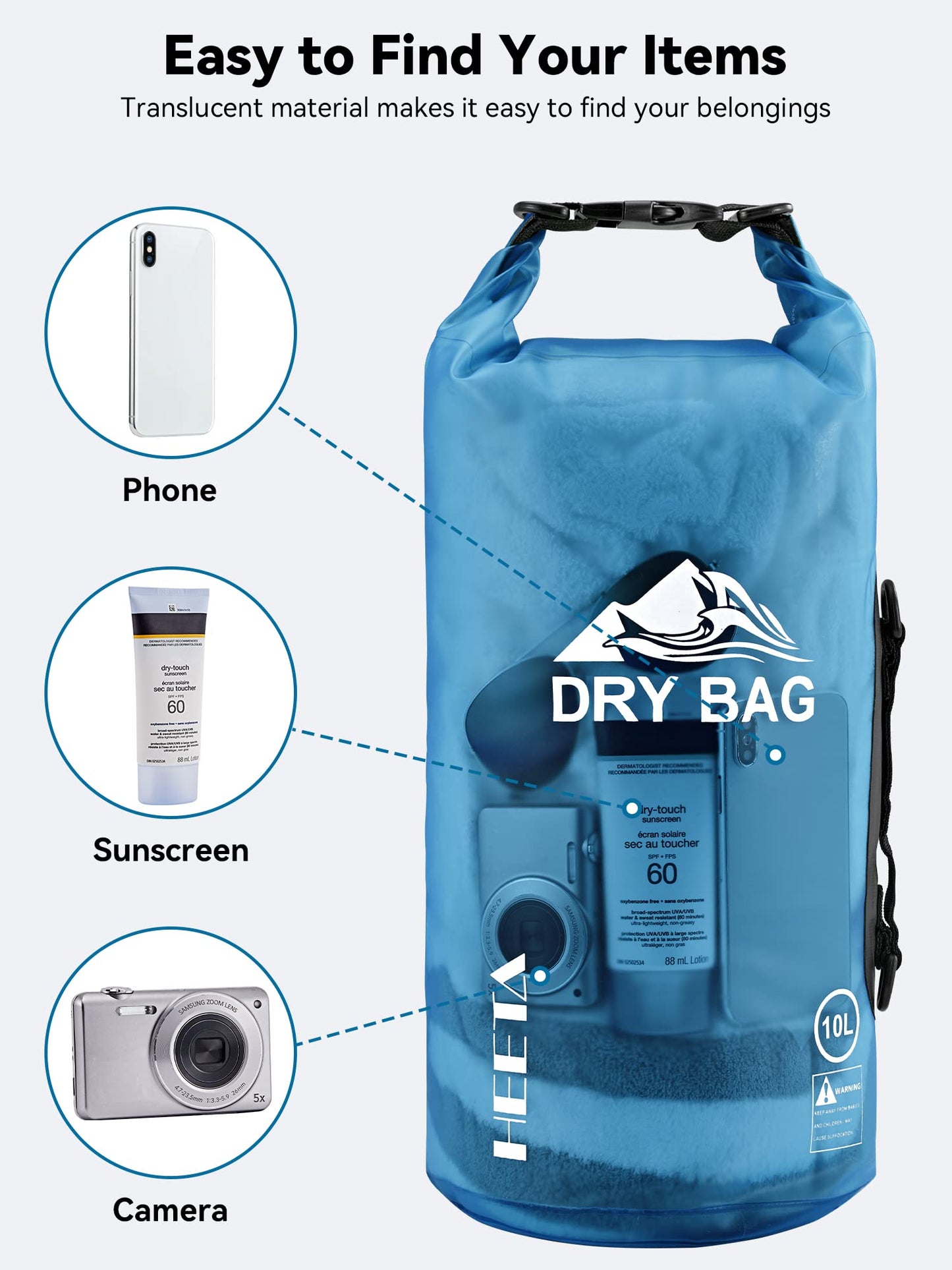 HEETA Dry Bag Waterproof for Women Men, Roll Top Lightweight Dry Storage Bag Backpack with Phone Case for Travel, Swimming, Boating, Kayaking, Camping and Beach (Transparent Blue, 10L)