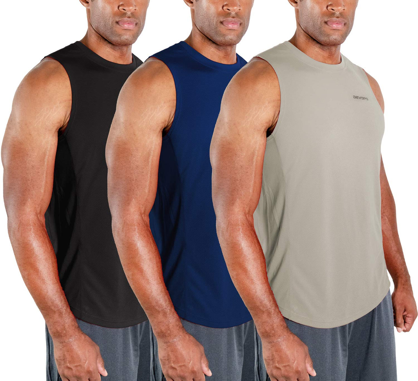 DEVOPS 3 Pack Men's Muscle Shirts Sleeveless Dry Fit Gym Workout Tank Top (2X-Large, Black/Navy/Gray)