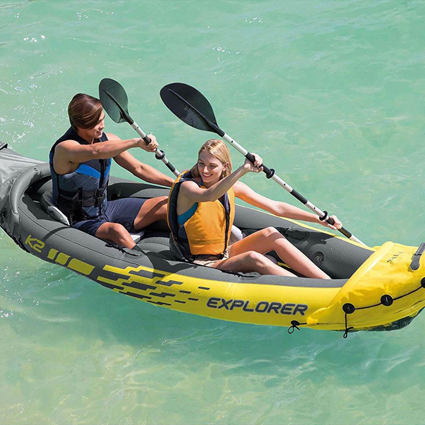 Intex 2-Person Inflatable Kayak Set w/Pump, Aluminum Oars, Adjustable Seats, Explorer K2 - Tandem Blow-up Raft for Adults, Great for Lakes or Rivers