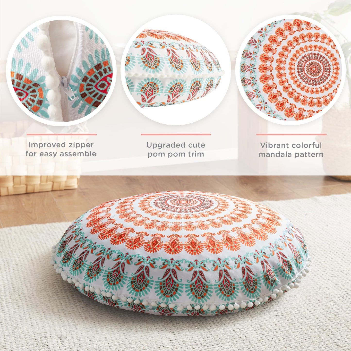 Codi Meditation Floor Pillow, Round Large Pillows Seating for Adults, Bohemian Mandala Circle Cushion for Outdoor Fireplace Yoga Living Room, 32 Inch, Memory Foam Added, Coral