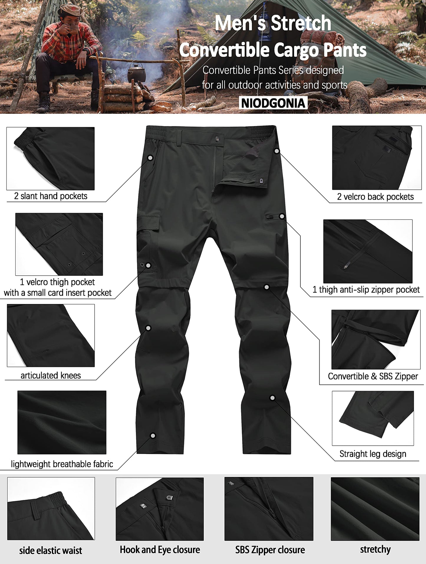 Mens Hiking Convertible Pants Waterproof Lightweight Quick Dry Zip Off Fishing Travel Safari Outdoor Cargo Work Trekking Trousers Black 36