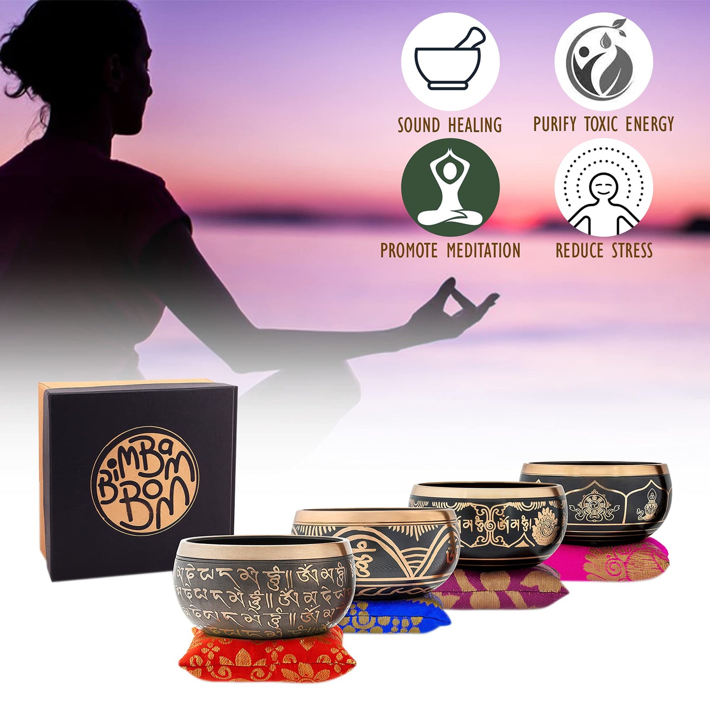 Bim-Bam-Bom Tibetan Singing Bowl – Hand Crafted Singing Bowls w/Mallet & Cushion, Meditation Bowl For Yoga and Holistic Healing, Stress Relief - Brass 4” Tree of Life Prayer Bowl