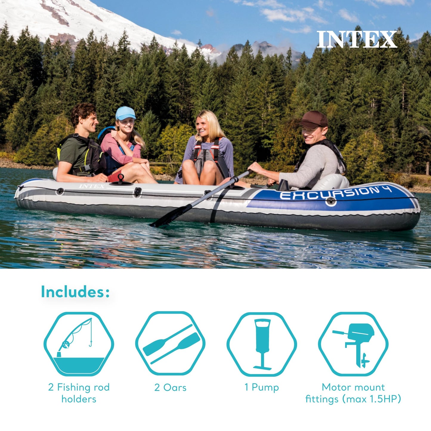 INTEX 68324EP Excursion 4 Inflatable Boat Set: Includes Deluxe 54in Boat Oars and High-Output Pump – Adjustable Seats with Backrest – Fishing Rod Holders – 4-Person – 1100lb Weight Capacity