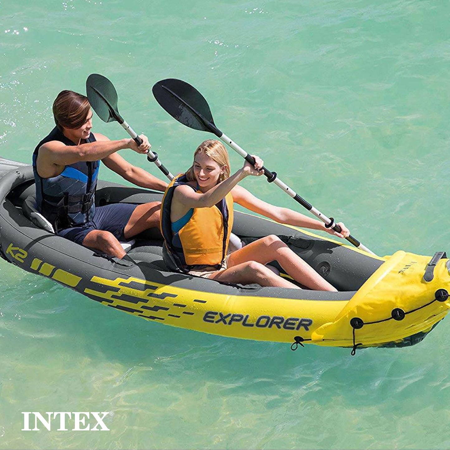 Intex 2-Person Inflatable Kayak Set w/Pump, Aluminum Oars, Adjustable Seats, Explorer K2 - Tandem Blow-up Raft for Adults, Great for Lakes or Rivers