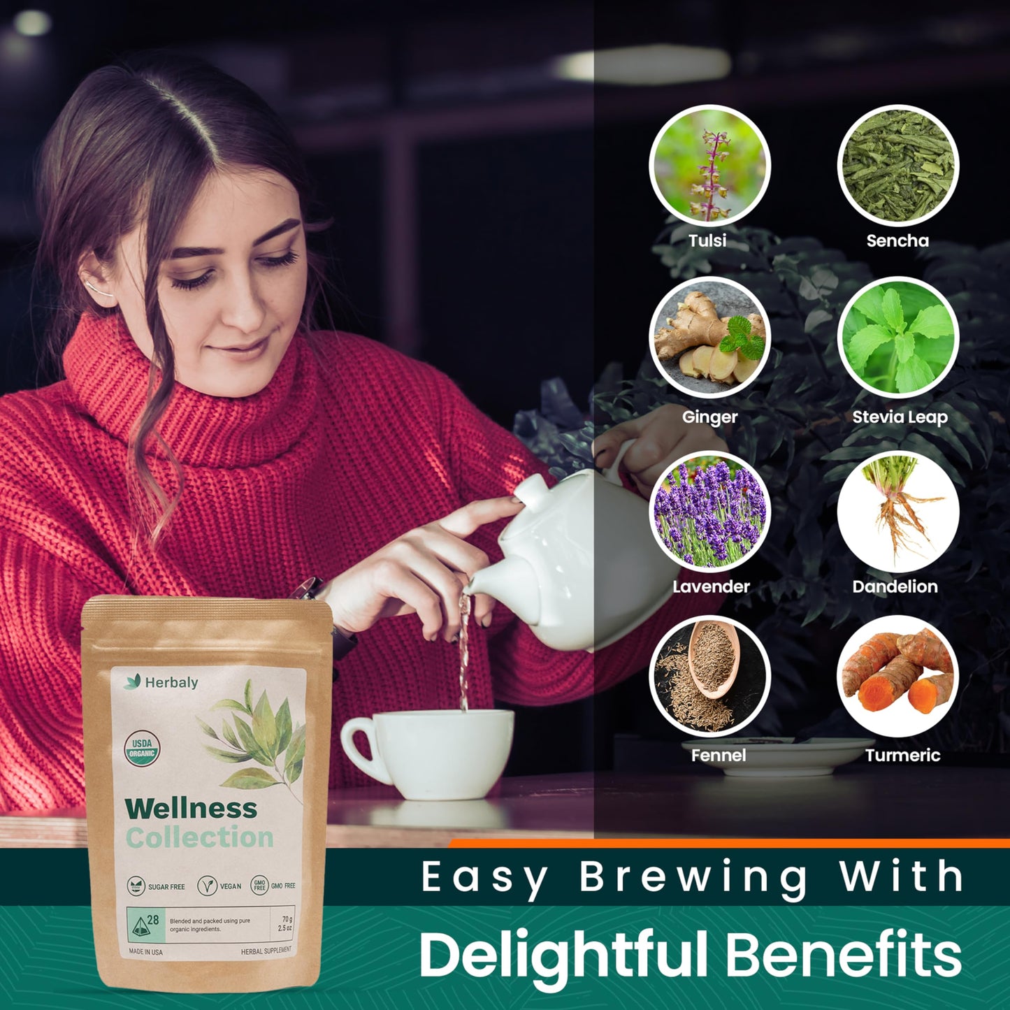 Herbaly Wellness Collection Tea - 8 Active Herbs - Improve General Health, Strengthen Immunity - Natural, Organic, Non-GMO, Vegan, Sugar Free - 2 Pack, 56 Pyramid Tea Bags