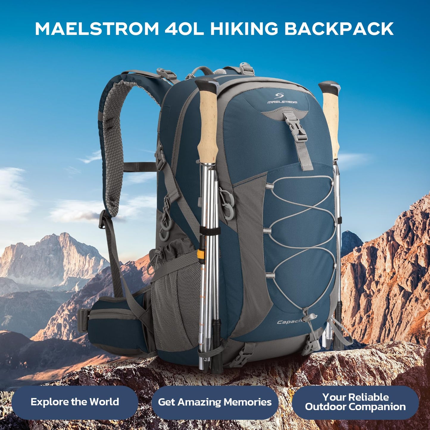 Maelstrom Hiking Backpack,Camping Backpack,40L Waterproof Hiking Daypack with Rain Cover,Lightweight Travel Backpack,Blue