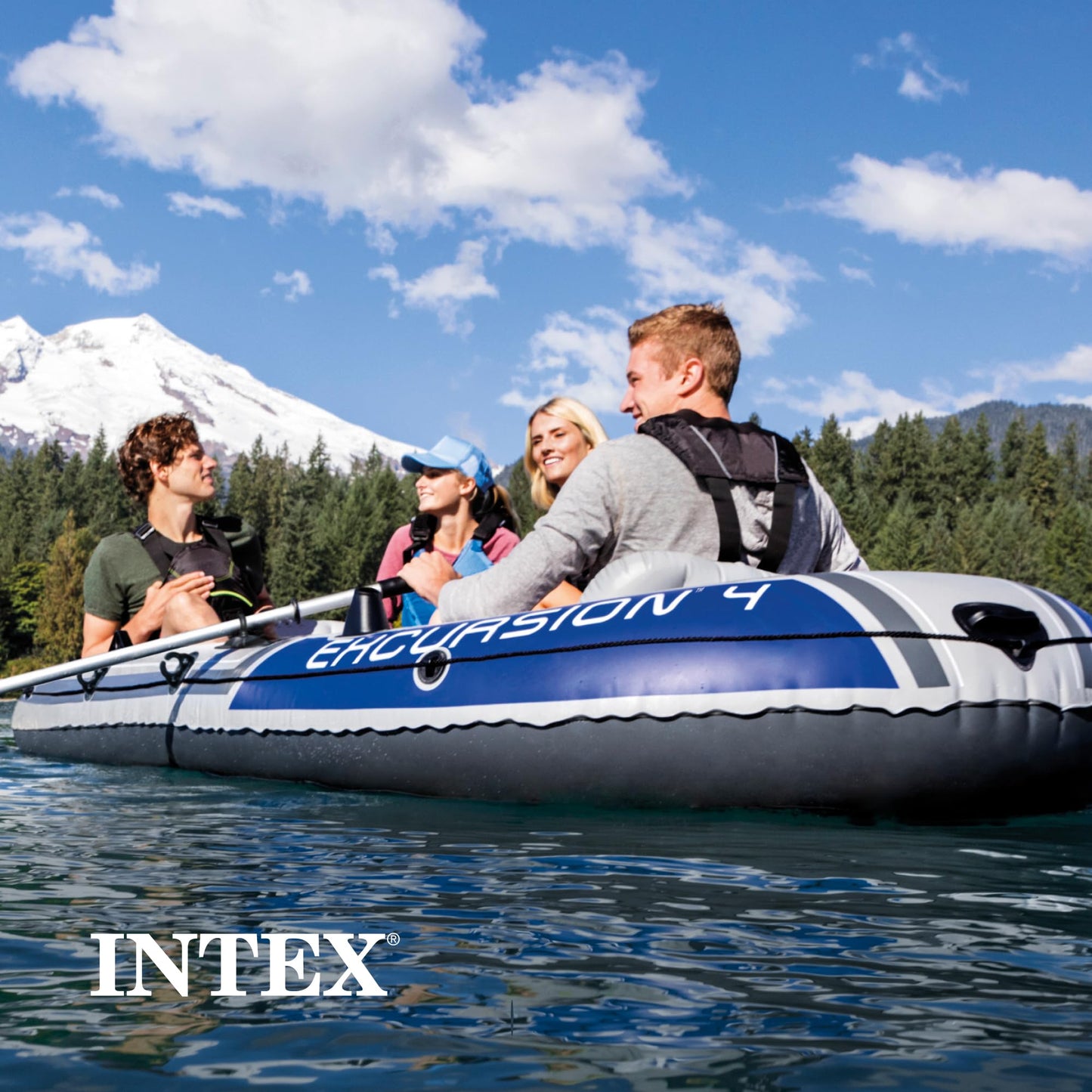 INTEX 68324EP Excursion 4 Inflatable Boat Set: Includes Deluxe 54in Boat Oars and High-Output Pump – Adjustable Seats with Backrest – Fishing Rod Holders – 4-Person – 1100lb Weight Capacity