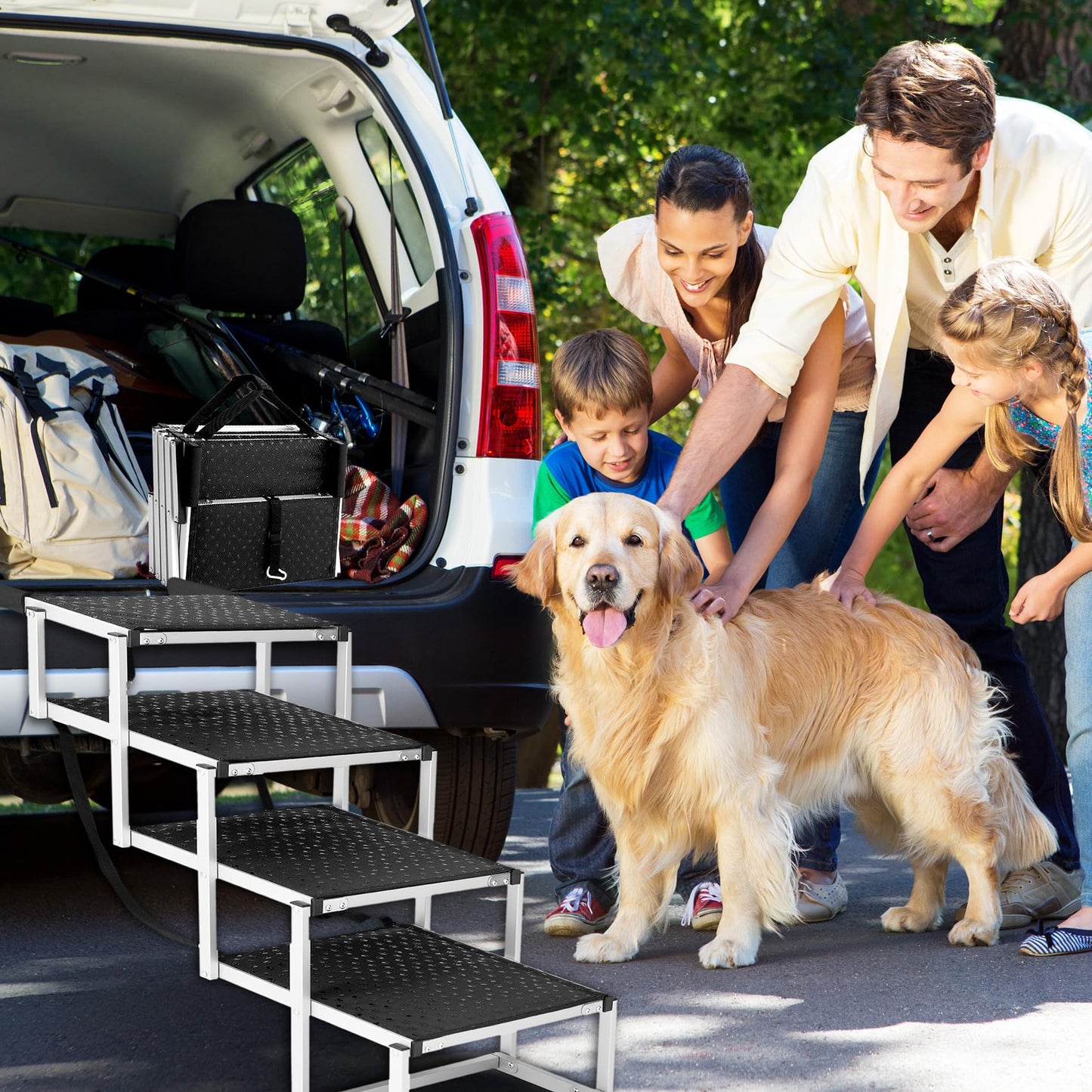 EHEYCIGA Foldable Dog Car Ramp for Large Dogs, Portable Dog Steps for SUV, Aluminum Dog Stairs with Non-Slip Surface for High Beds, Trucks and SUVs, 4 Steps